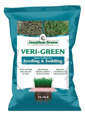 A bag of Veri-Green Starter Fertilizer for Seeding & Sodding. The packaging highlights its benefits, including aiding seed or sod growth, building strong root systems, and providing essential starter fertilizer nutrients.