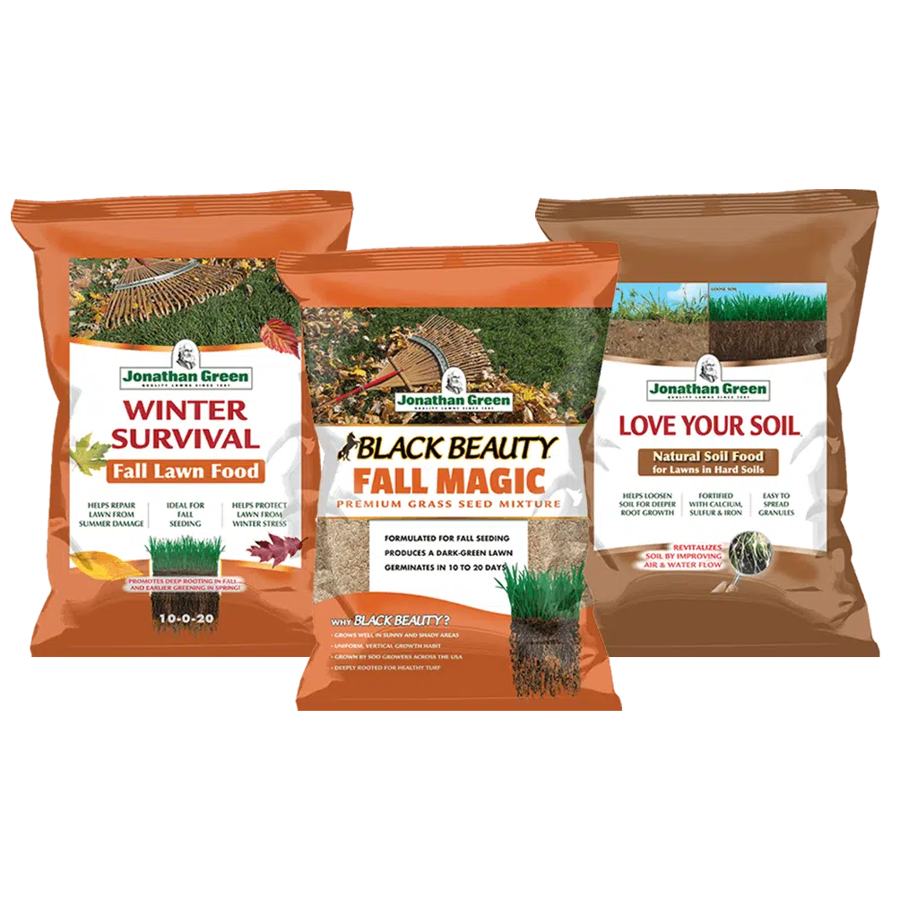 Three bags of Fall Lawn Care Bundle, including Winter Survival Fall Lawn Food, Black Beauty Grass Seed Mix, and Love Your Soil Natural Soil Food.